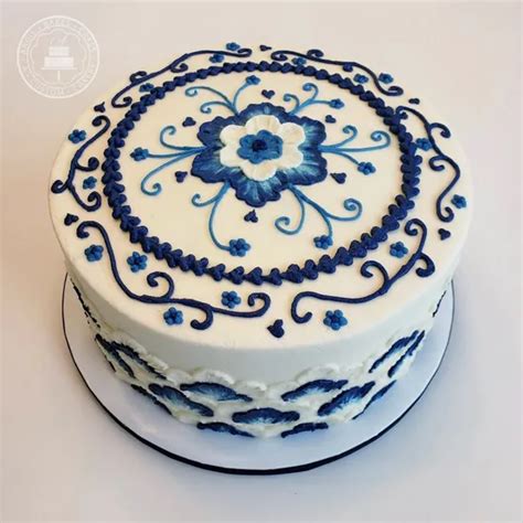 Blue And White Brush Embroidery Buttercream Cake Brush Embroidery