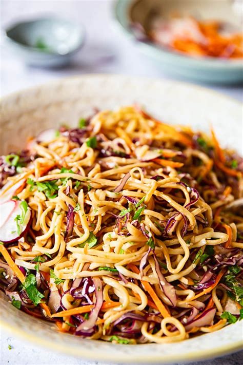 Cold Asian Noodle Salad With Red Cabbage Carrots Radishes In Spicy