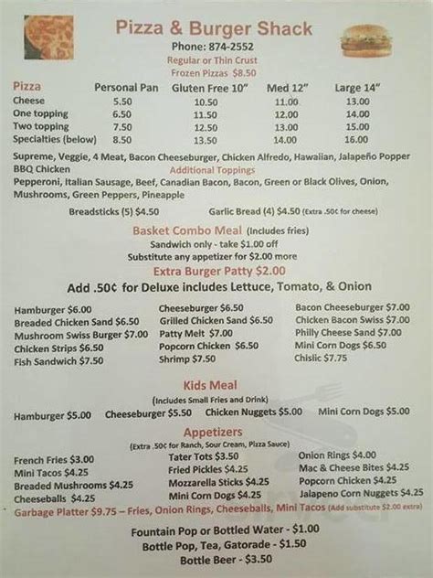 Pizza Shack Menu In Clear Lake South Dakota Usa