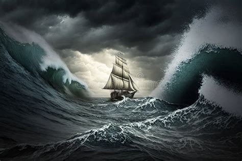 Sailing Ship In A Giant Storm With Crashing Waves Sailing Boat Inside