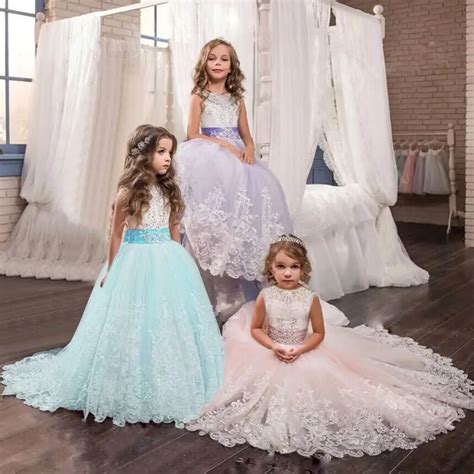 Princess Lace Flower Dress For Girls Wedding Tulle Long Girl Party