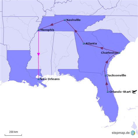 StepMap - Memphis-New Orleans - Landkarte für USA