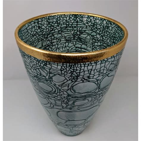 Italian European Emerald Green Crackled Finish Ceramic Vase With Gold