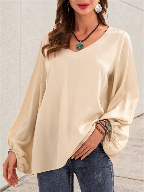 Stylewe Long Sleeve Apricot Women Tops V Neck Cotton Casual Daily Tops
