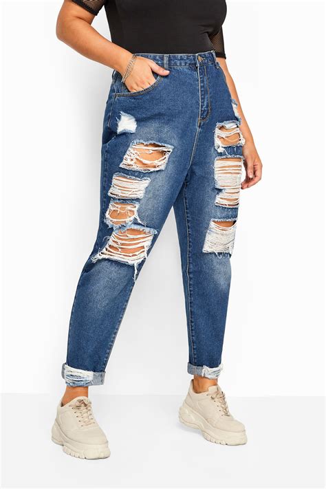 Mid Blue Extreme Ripped Mom Jeans Yours Clothing