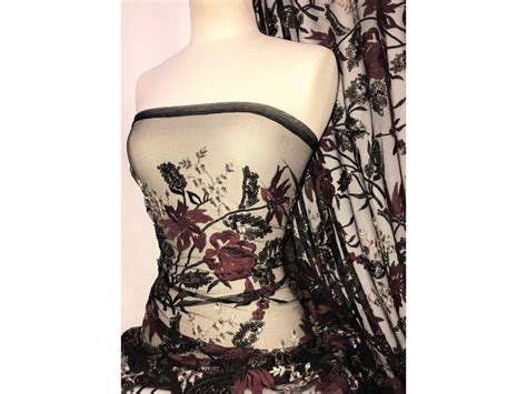 Sequins Silver Embroidered Sheer Net Fabric Material- Black/Claret ...