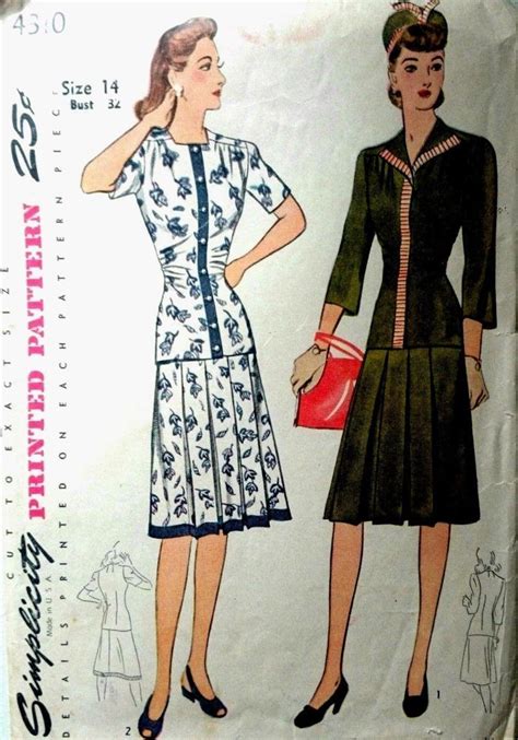 Vintage 1940s Sewing Pattern Pleated Skirt Two Piece Tea Dress Bust 32