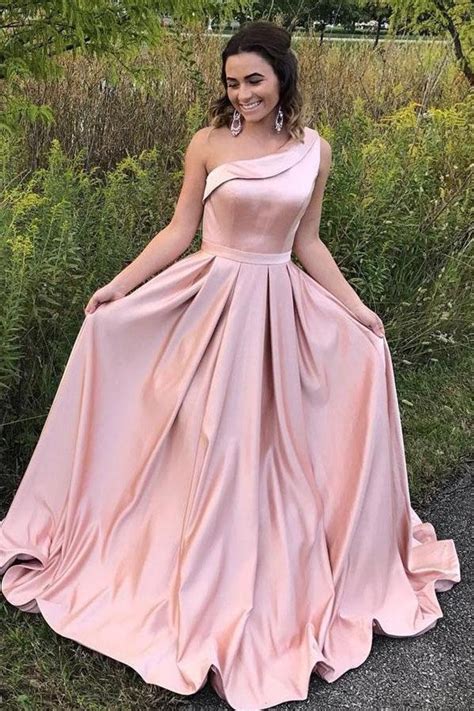 Simple Elegant One Shoulder Pink Prom Dress With Pockets 110508