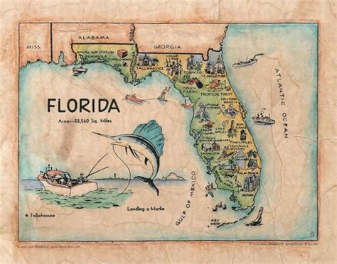 Florida Map Florida Map Wall Decor Vintage Map Art Retro Etsy