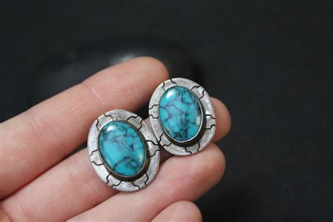 Sterling Silver Oval Turquoise Clip On Earrings Handmade Sterling Clip