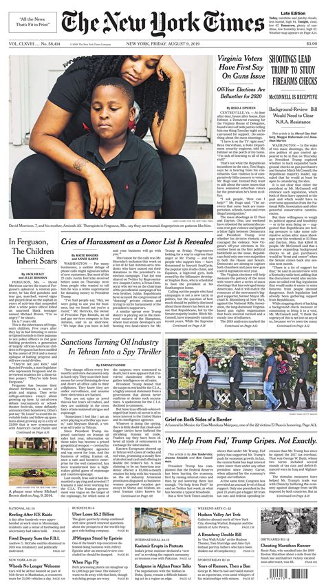 The New York Times 9 Aug 2019 Newspaper Front Pages The New York Times Newspaper
