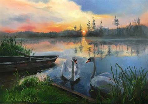 White Swans At A Lake Original Oil Painting Realistic Landscape