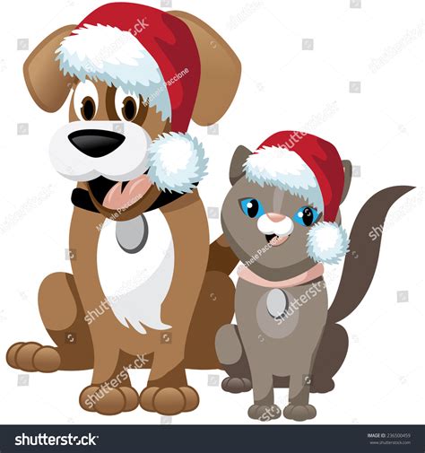 Cute Cartoon Dog Cat Wearing Santa Stock Vector 236500459