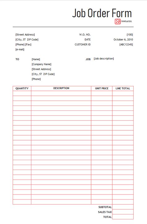 Free Job Order Forms Templates For Excel Business Templates