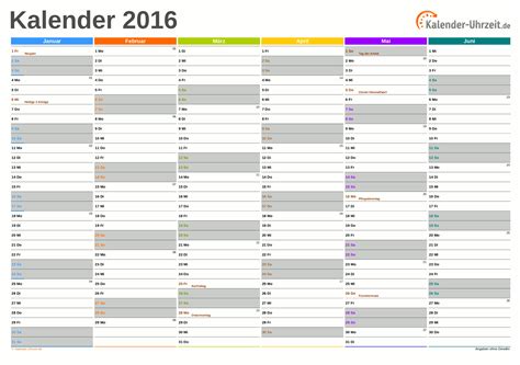 Kalender 2021 mit kalenderwochen + feiertagen: Excel-Kalender 2016 - Kostenlos regarding Jahreskalender ...