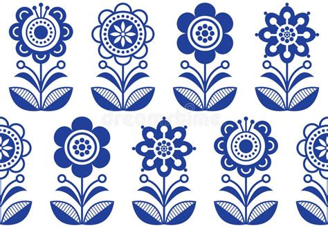 Folk Art Flowers Seamless Vector Floral Pattern Scandinavian Navy