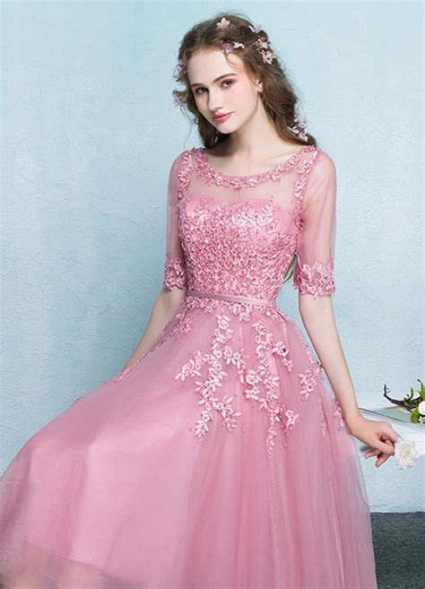 Pink Homecoming Dress Tulle Prom Dress Lace Applique Illusion Neckline