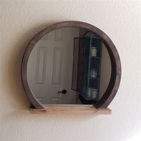 Round Wooden Mirror With Shelf Etsy