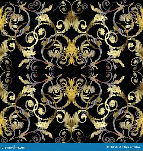 Gold Embroidery Baroque Seamless Pattern Vector Ornamental Textured