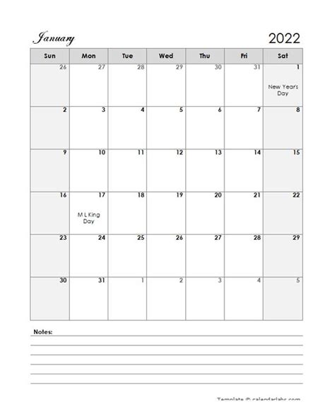 2022 Word Calendar Template With Notes Free Printable Templates