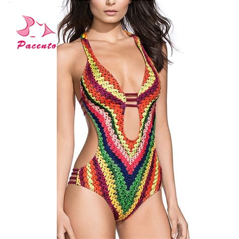 Pacent Rainbow Bathing Suit Women One Piece Sexy Open Bust Fused Swimwear 2017 Maillot Female