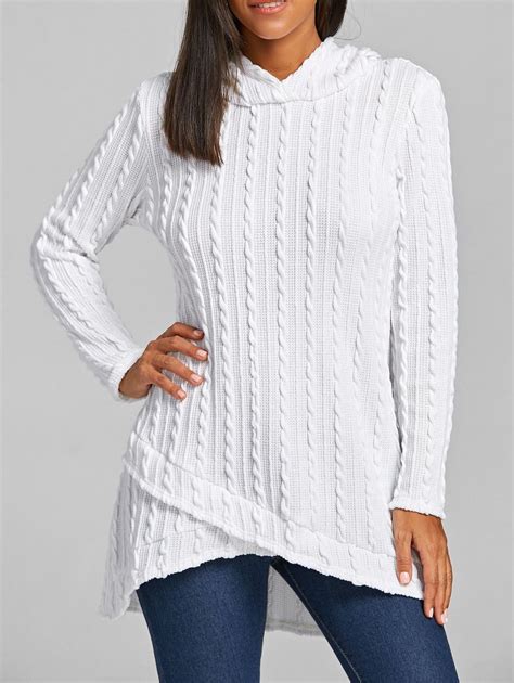 Hooded Cable Knitted Tunic Sweater White M White Tunic Sweater