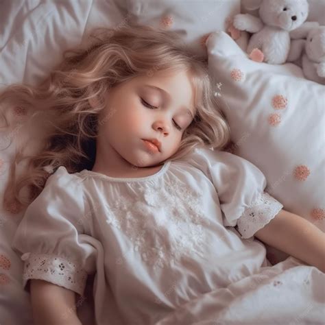 Una Niña Duerme En Una Cama Con Una Almohada Blanca Y Un Osito De