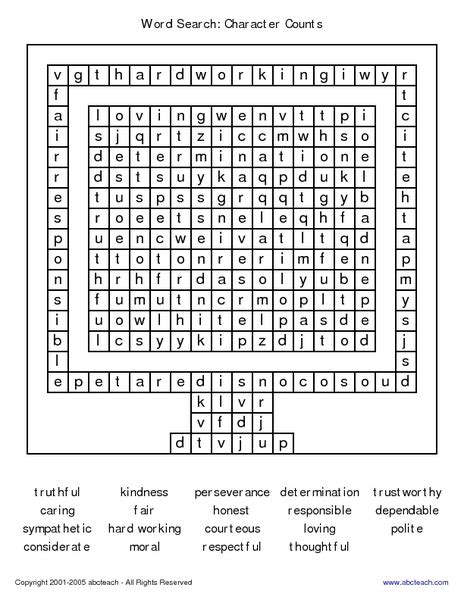 Word Search: Character Counts Worksheet for 2nd - 4th Grade | Lesson Planet