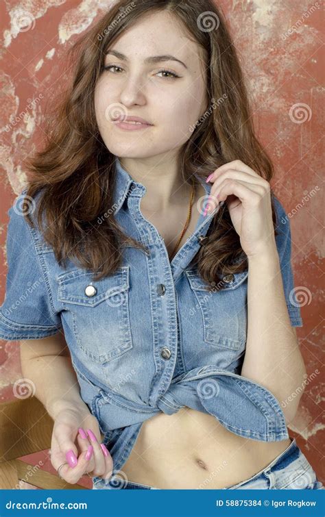 Cheerful Young Teen Girl In Denim Shorts Stock Photo Image Of