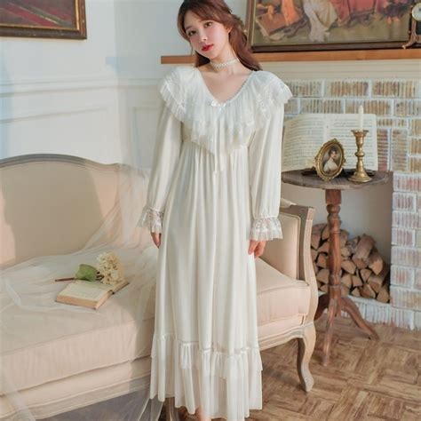 Vintage Luxury Modal Gauze Womens Long Nightgowns Long Sleeve Soft