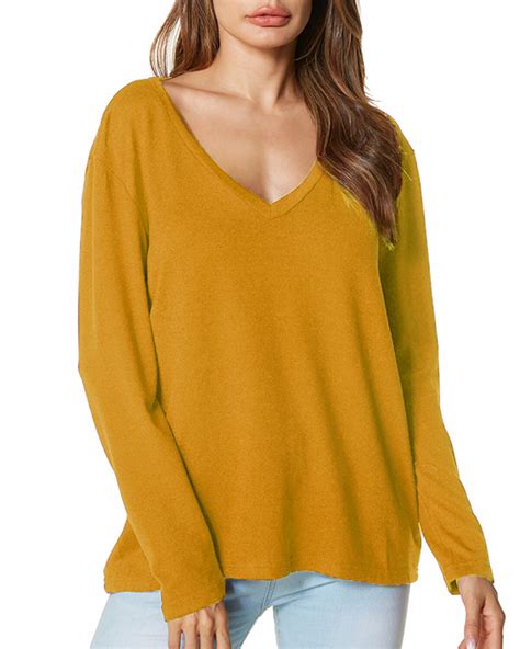 Women V Neck Long Sleeve Pullover Tops Loose Causal Solid Blouse