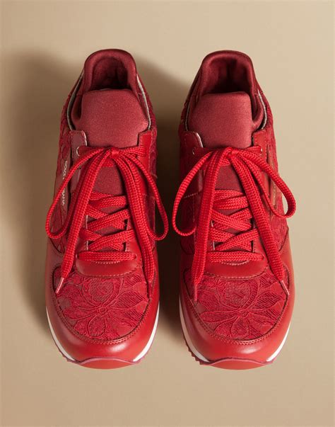 Dolce And Gabbana Lace And Calfskin Sneakers In Red Lyst