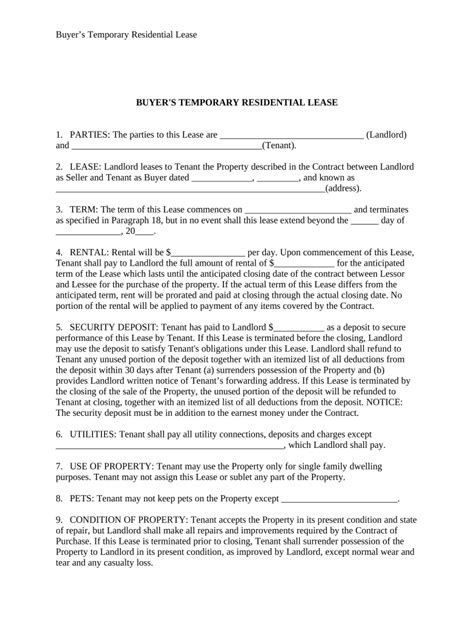 Temporary Lease Agreement To Prospective Buyer Of Residence Prior To