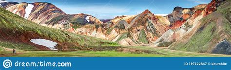 Panoramic True Icelandic Rough Landscape View Of Colorful Rainbow