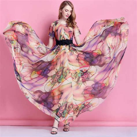 V Neck Flowy Bohemian Chiffon Floral Long Plus Size Summer Wedding