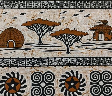 African Wax Print Fabric Village Landscape Porcupine Crafts