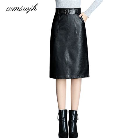 Women Plus Size Black High Waist Leather Skirt Split Pockets Sexy Midi Skirt A Line Skirts