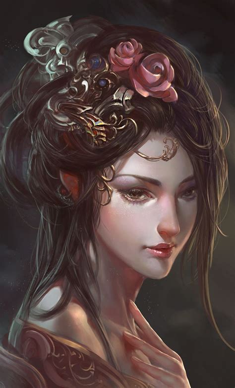 Chinese Ancient Beauty Picture 2d Fantasy Ancient Elf Girl Woman Portrait Flowers