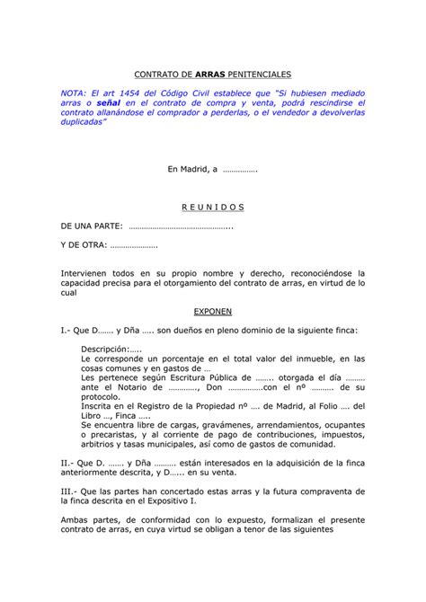 Modelo Contrato De Arras Penitenciales Pdf Actualizado Junio