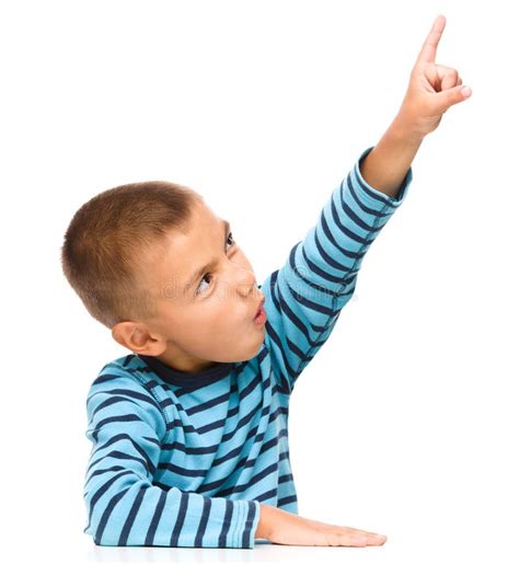 Little Boy Is Pointing Up Using His Index Finger Stock Photo Image
