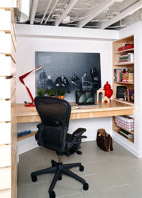 Small Basement Home Office With A Built In Desk And Smart Wall Shelves