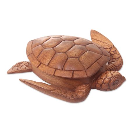 Hand Carved Wood Sculpture Decorative Box Sea Turtle Guardian Novica