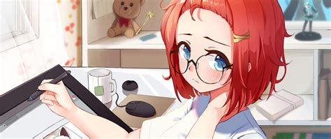 Download Wallpaper 2560x1080 Girl Artist Glasses Glance Anime Dual