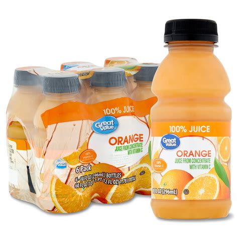 Great Value 100 Orange Juice 10 Fl Oz 6 Count