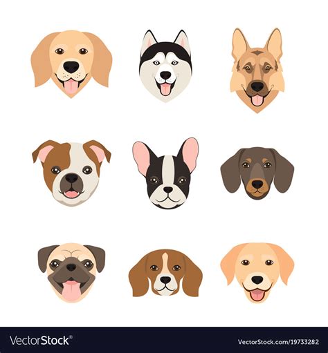 Flat Style Dog Head Icons Cartoon Dogs Faces Set Vector Image