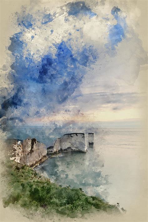 Watercolor Painting Of Beautiful Cliff Formation Landscape Durin