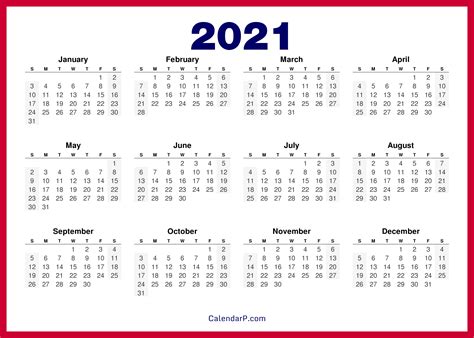 Free 2021 Yearly Calender Template 2021 Editable Yearly Calendar