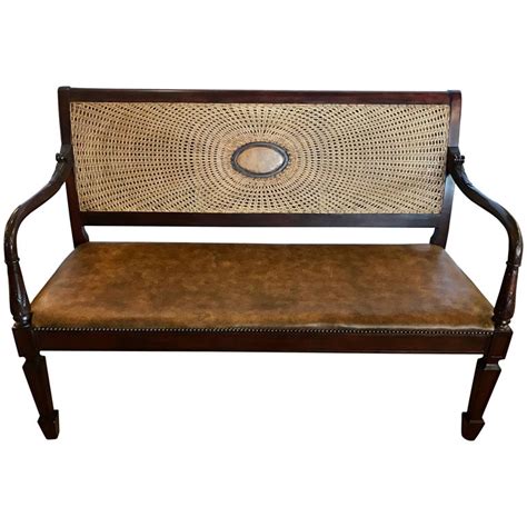 British Colonial Leather And Cane Back Bench Settee Loveseat At 1stdibs
