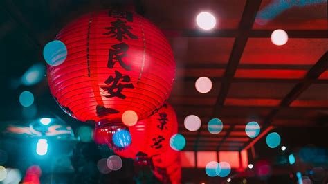 Hd Wallpaper Bokeh Photography Turned On Red Kanji Script Lanterns