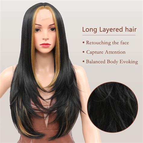 Buy Long Straight Highlight Wig For Women Layered Straight Hair Wig Synthetic Middle Part Skunk
